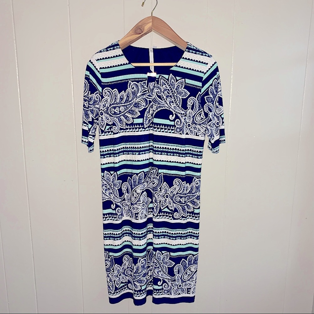 Womens Dress. XL. Navy turquoise and white. Stretch. Very comfortable